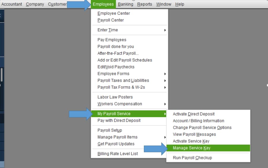 Steps to navigate to the Manage Service Key option in QuickBooks after payroll service disruption Visual guide directing users to the Employees tab in QuickBooks to access the Payroll Service and Manage Service Key after subscription cancellation