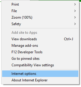 Open Internet Explorer > Tools > Internet Options – Initial step to fix payroll update issues in QuickBooks Enterprise. Step-by-step instructions to open Internet Options in Internet Explorer by navigating through the Tools menu, as part of resolving QuickBooks Enterprise payroll update errors.