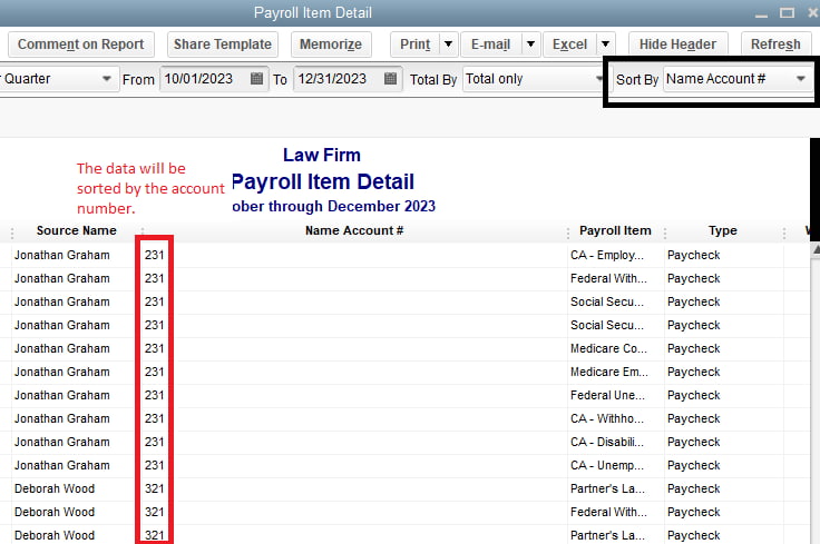 Run the Payroll Summary Report in QuickBooks to review and confirm payroll totals. Screenshot of the Payroll Summary Report window in QuickBooks Desktop Enterprise showing employee names, payroll item breakdowns, and total amounts to help users verify payroll totals accurately.