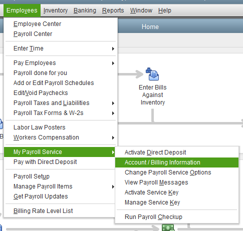 Navigate to Account/Billing Info in QuickBooks Enterprise to manage your payroll subscription Screenshot showing how to access Account and Billing Info in QuickBooks Enterprise to renew payroll subscription