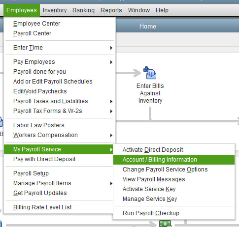 Select Account/Billing Info to Fix Payroll Subscription Update Errors in QuickBooks. Screenshot showing the 'Select Account/Billing Info' option in QuickBooks Pro or Premier used for resolving subscription update errors in payroll settings.