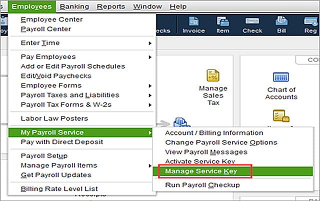 Click “Manage Service Key” and then “Edit” to access payroll service settings in QuickBooks. Screenshot showing the QuickBooks interface where the user selects “Manage Service Key” and clicks “Edit” to troubleshoot payroll update errors.