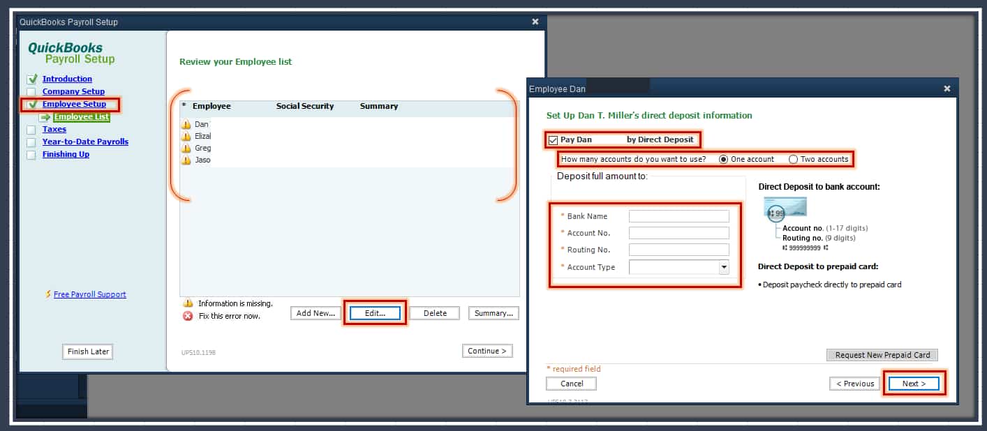 Steps to Edit Employee Information for Direct Deposit Setup User navigating QuickBooks Desktop Pro by selecting an employee and clicking the Edit option for direct deposit settings