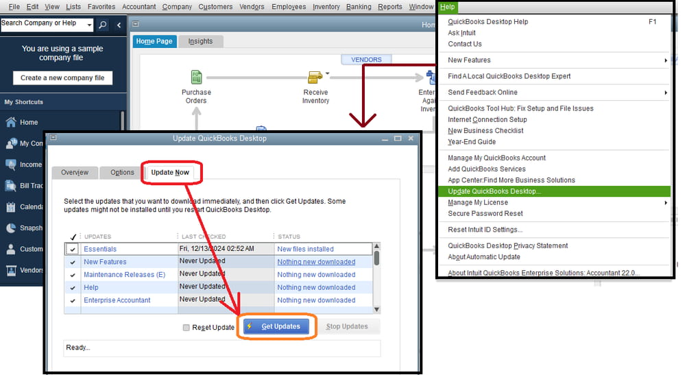 How to update QuickBooks Desktop from the Help menu using the Update Now tab. Screenshot showing the QuickBooks Desktop update process with highlighted navigation steps through the Help menu, selecting 'Update QuickBooks Desktop', and accessing the Update Now tab.