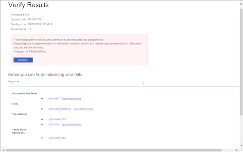 Use the Verify and Rebuild Data tool in QuickBooks to resolve file corruption problems affecting payroll access QuickBooks Desktop screen showing the Verify and Rebuild Data utility being used to detect and fix company file corruption issues