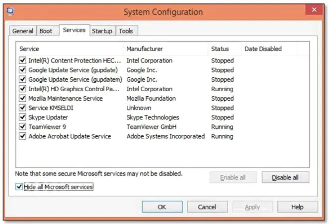 Enable Selective Startup and Load System Services in System Configuration – QuickBooks Payroll Fix Screenshot showing the General tab in System Configuration with 'Selective Startup' selected and 'Load System Services' checked, highlighting the steps to troubleshoot payroll update errors in QuickBooks Enterprise.