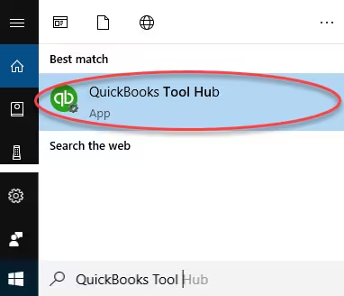 Search for QuickBooks Tool Hub in Windows to begin troubleshooting printing issues in QuickBooks Desktop. Windows search bar showing a user typing 'QuickBooks Tool Hub' to locate and open the tool for troubleshooting QuickBooks Desktop issues.