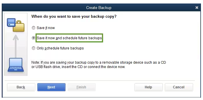 Back up your QuickBooks company file with Complete Verification and schedule future backups. Screenshot of the QuickBooks Desktop backup settings showing the Complete Verification option selected, with steps to save the backup now or schedule future backups.