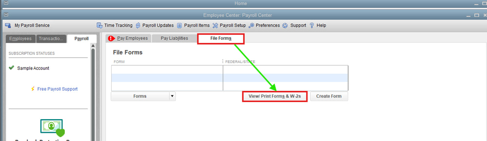 View and print your previously filed 941 forms and W-2s in the QuickBooks Payroll Center by selecting the File Forms tab. Screenshot of the QuickBooks Desktop Payroll Center highlighting the 'File Forms' tab and the option to view or print previously filed tax forms and W-2s for 2024.