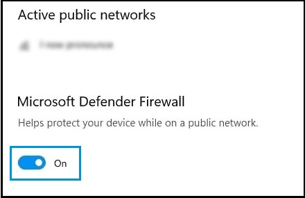 Temporarily disable Microsoft Defender Firewall from the Windows Security settings to resolve QuickBooks connectivity or subscription issues. Screenshot showing Windows Security settings where users can disable Microsoft Defender Firewall temporarily by clicking the tab labeled 'Microsoft Defender Firewall' to turn it on or off.