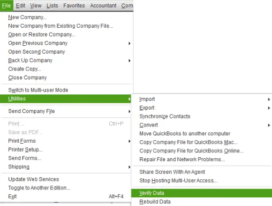 QuickBooks Verify and Rebuild Data tool used to identify and repair issues in the company file. Screenshot showing QuickBooks Desktop's "Verify and Rebuild Data" utility in use, highlighting steps to detect and fix company file corruption or inconsistencies.