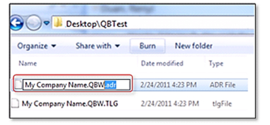 Step to move .QBW.adr and .tlg files into the QBTest folder for QuickBooks Desktop 2024 troubleshooting. Instruction showing how to copy the .QBW.adr file into the QBTest folder alongside the .tlg file to troubleshoot missing or blank check transactions in QuickBooks Desktop 2024.