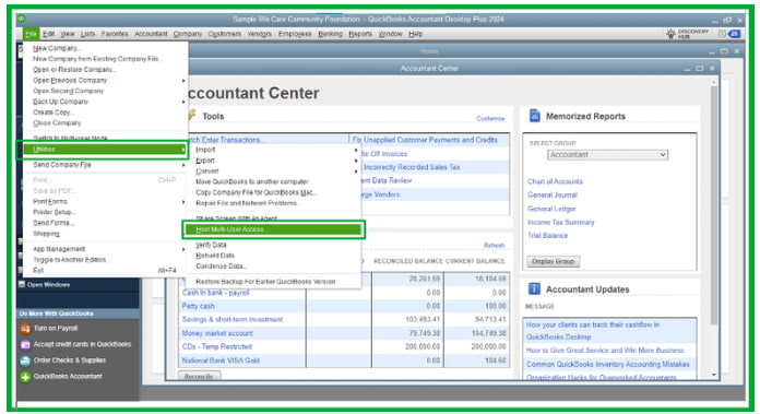 Enable Hosting in QuickBooks: Select ‘Host Multi-User Access’ to allow multiple users to work simultaneously. Screenshot showing how to enable 'Host Multi-User Access' in QuickBooks Desktop Enterprise 2024 to set up a multi-user environment.