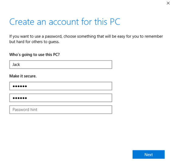 Step-by-step guide to creating a new Windows admin user account. Screenshot showing the process of creating a new Windows admin user by entering a local account name, setting a password, and clicking Next.