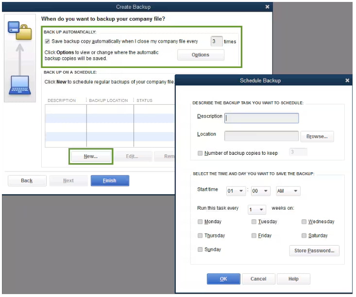 Create a backup schedule in QuickBooks Desktop by selecting 'New' and filling in the timing details. Illustration of the QuickBooks Desktop backup scheduling window, showing fields to set a new backup schedule by choosing a specific time or day.