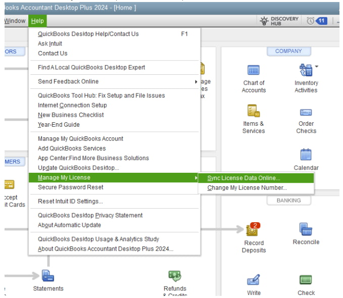 Fixation 5 – Sync License Data Online in QuickBooks to resolve unexpected payroll reactivation prompts. Screenshot showing QuickBooks Desktop interface highlighting the "Sync License Data Online" option under the Help menu, used to fix payroll reactivation issues despite an active subscription.