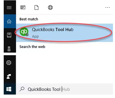 Search for QuickBooks Tool Hub in Windows if the icon isn’t visible. Screenshot showing how to search for and open QuickBooks Tool Hub in Windows if the desktop icon is missing.