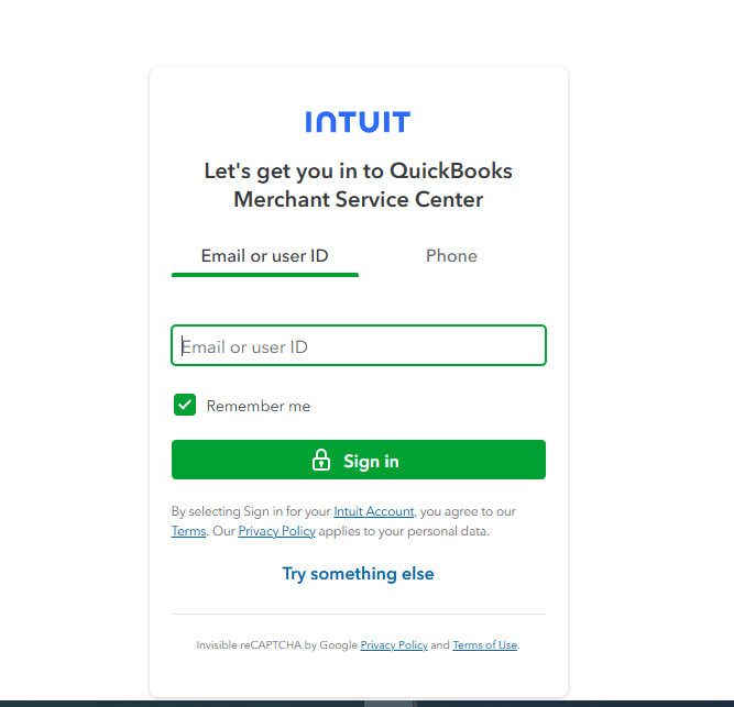 Step 1: Log in to the Merchant Account Centre to check payment hold status in QuickBooks Online. User logging into the QuickBooks Merchant Account Centre dashboard to manage payment holds and view transaction details.