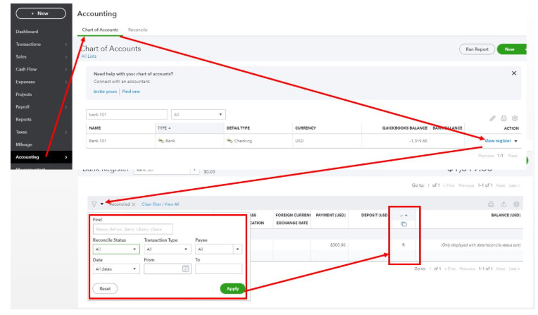 Steps to view and filter transactions in QuickBooks Desktop 2024 to identify missing or blank check entries. Screenshot of QuickBooks Desktop 2024 showing steps to locate and filter a bank account register: Navigate to Accounting > Chart of Accounts, select the View register link, apply filters using the funnel icon, and identify if the transaction is marked as Reconciled with an “R” under the Reconcile Status column.