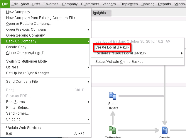 Create a full manual backup in QuickBooks after restoring file access to ensure data protection. Screenshot showing the QuickBooks interface where users can create a full manual backup by navigating to File > Backup Company > Create Local Backup after regaining access to the company file.