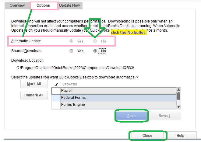 Enable automatic updates in QuickBooks Desktop by selecting the 'Yes' option and saving the settings. Instructions to enable automatic updates in QuickBooks Desktop by selecting the 'Yes' option under Automatic Update in the Options section, followed by clicking Save and Close.