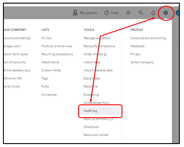 Restore a missing bank account in QuickBooks Online using the Audit Log. Screenshot showing how to restore a missing bank account in QuickBooks Online by accessing the Audit Log, with the user's navigation path highlighted.