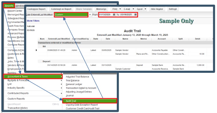 View and filter QuickBooks Desktop Pro 2024's Audit Trail for custom date selection to troubleshoot transaction errors. Steps to access the Audit Trail in QuickBooks Desktop Pro 2024: Navigate to Reports > Accountant & Taxes, then select Audit Trail and set the date filter to Custom.