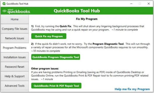 Run Quick Fix My Program in QuickBooks Tool Hub to repair permission-related issues. Screenshot showing the 'Quick Fix My Program' option selected in the QuickBooks Tool Hub interface, used to automatically resolve common QuickBooks Desktop issues.