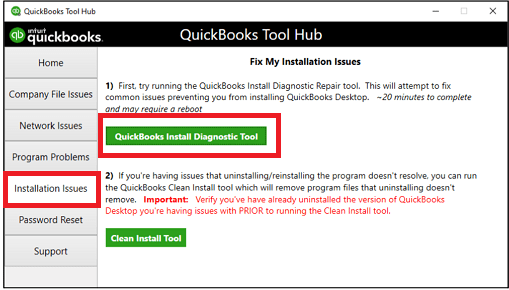 Use QuickBooks Install Diagnostic Tool to fix launch issues in Desktop 2024. Screenshot showing the QuickBooks Install Diagnostic Tool being used to identify and fix installation issues that prevent QuickBooks Desktop 2024 from opening.