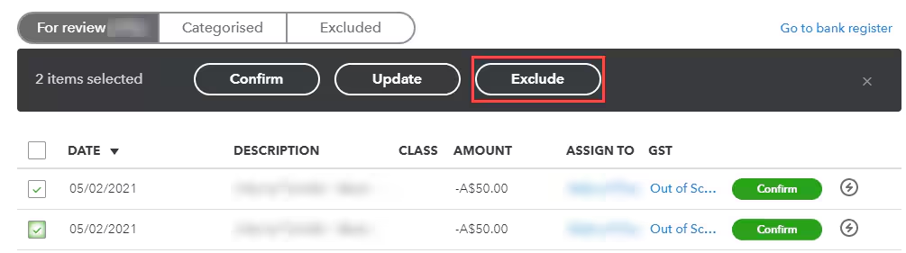 Select and Exclude Duplicate Transactions in Bulk in QuickBooks Online. Screenshot showing how to select and exclude duplicate transactions in bulk within QuickBooks Online. Multiple transactions are selected using checkboxes, and the "Batch actions" dropdown menu is clicked to choose "Exclude Selected".