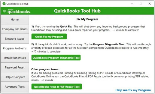 Step 1: Use the Quick Fix My Program tool in the QuickBooks Tools Hub to troubleshoot subscription expiration problems. Screenshot showing Step 1: Run Quick Fix My Program from the QuickBooks Tools Hub to resolve unexpected QuickBooks Desktop Pro 2024 subscription expiration issues.