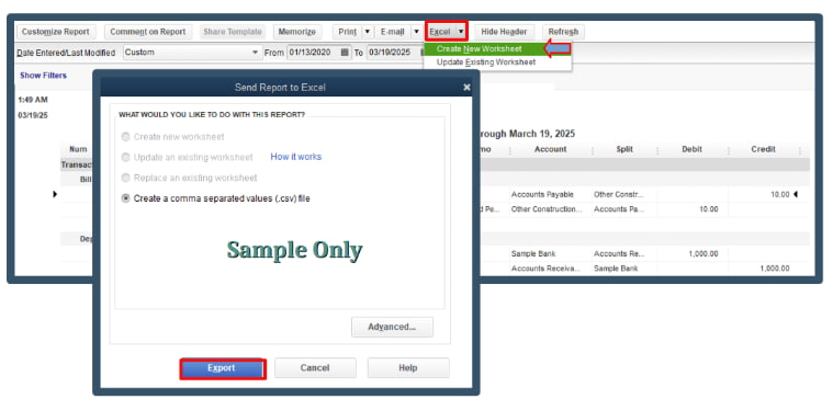 Exporting report in QuickBooks Desktop Pro 2024 – Select 'Create New Worksheet' and download. Steps to download the report in QuickBooks Desktop Pro 2024: Click Export, select 'Create New Worksheet,' and press Export. Refer to the attached screenshots for visual guidance.