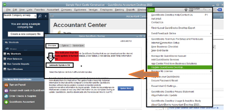 Enable automatic updates by selecting 'Update QuickBooks Desktop' from the Help menu. Interface of QuickBooks Desktop showing the 'Update QuickBooks Desktop' option selected from the Help menu to enable automatic updates.