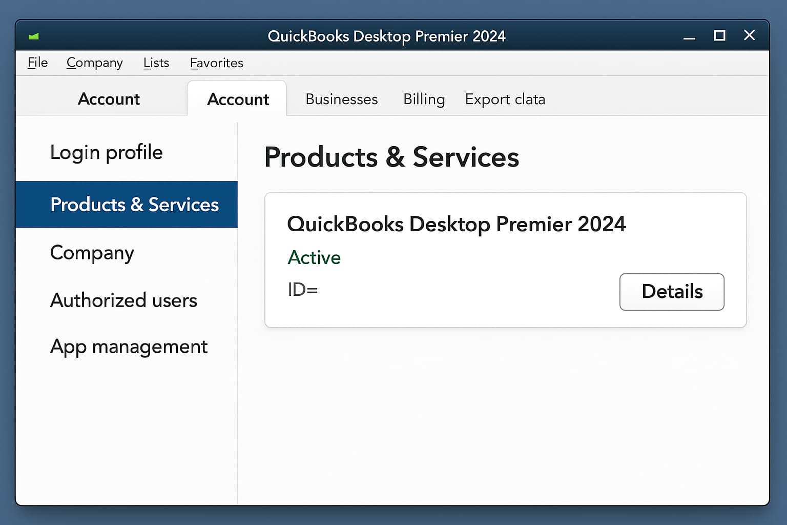 View subscription details under Products & Services in QuickBooks. Screenshot showing the “Details” link under the Products & Services section in a QuickBooks account, highlighting where users can view subscription information.