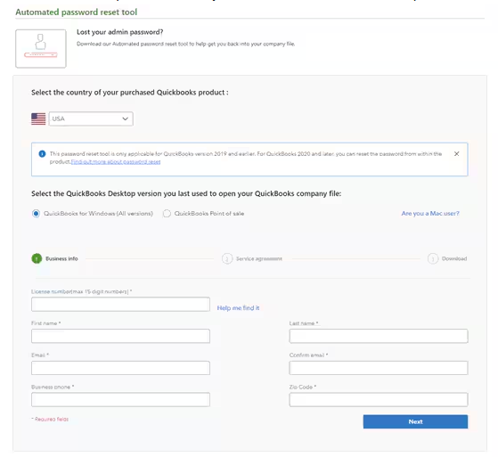 Download the Automated Password Reset Tool to reset your QuickBooks Desktop admin password. Screenshot of the Automated Password Reset Tool download page for QuickBooks Desktop, highlighting its use to reset the admin password for all Windows versions of QuickBooks Desktop.