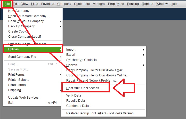 QuickBooks hosting options – understand when multi-user hosting is enabled or disabled on a workstation. QuickBooks hosting settings window showing two options: “Host Multi-User Access” indicating hosting is off, and “Stop Hosting Multi-User Access” indicating hosting is active on the current system.