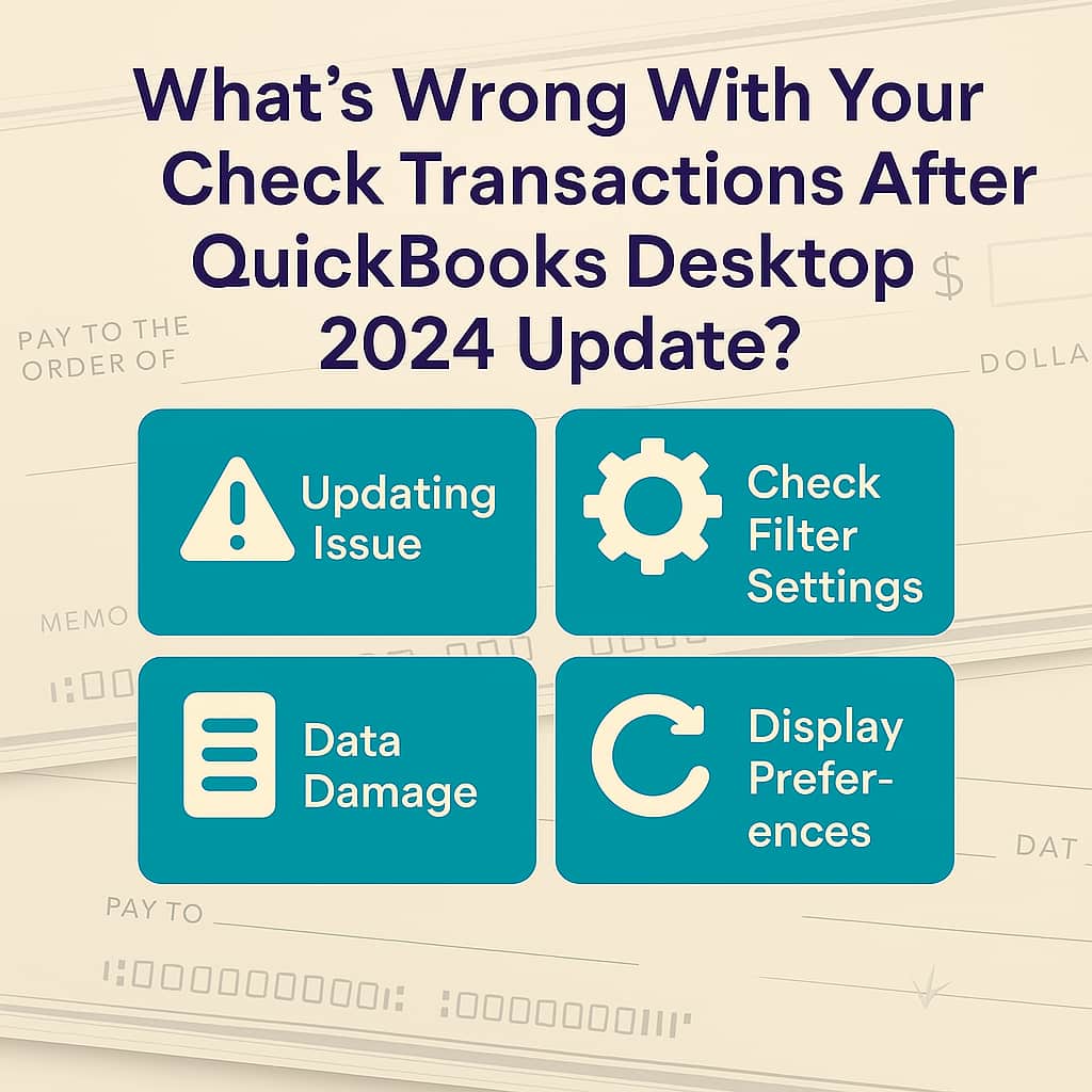 What’s Going On With Your Cheque Transactions? – Visual guide to understanding why cheque entries may appear blank or disappear after updating QuickBooks Desktop 2024. Illustration explaining missing or blank cheque transactions in QuickBooks Desktop 2024, showing a confused user reviewing a financial report with highlighted missing entries.