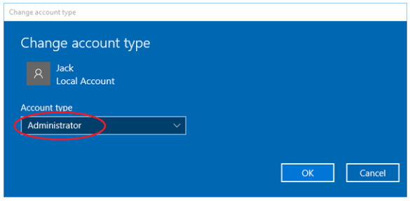 How to create a new Windows admin user by changing account type to Administrator. Screenshot showing the process to create a new Windows admin user by changing the account type from Standard User to Administrator in the pop-up window.