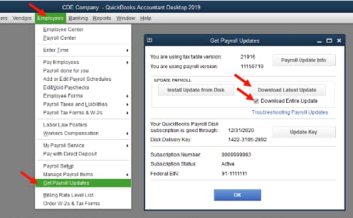 Get Payroll Updates go to the Employees menu and click Get Payroll Updates