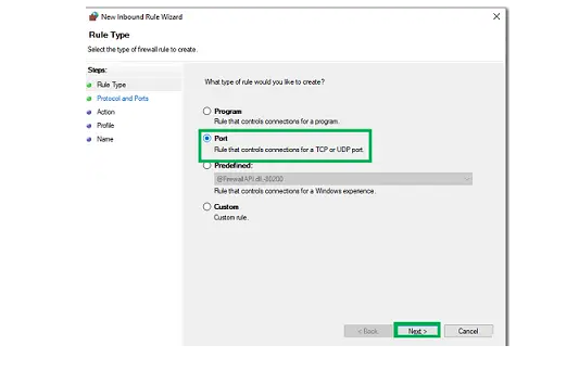 Select Port as the Rule Type Select Port as the Rule Type