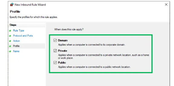 Domain, Private, and Public Select Firewall Profiles