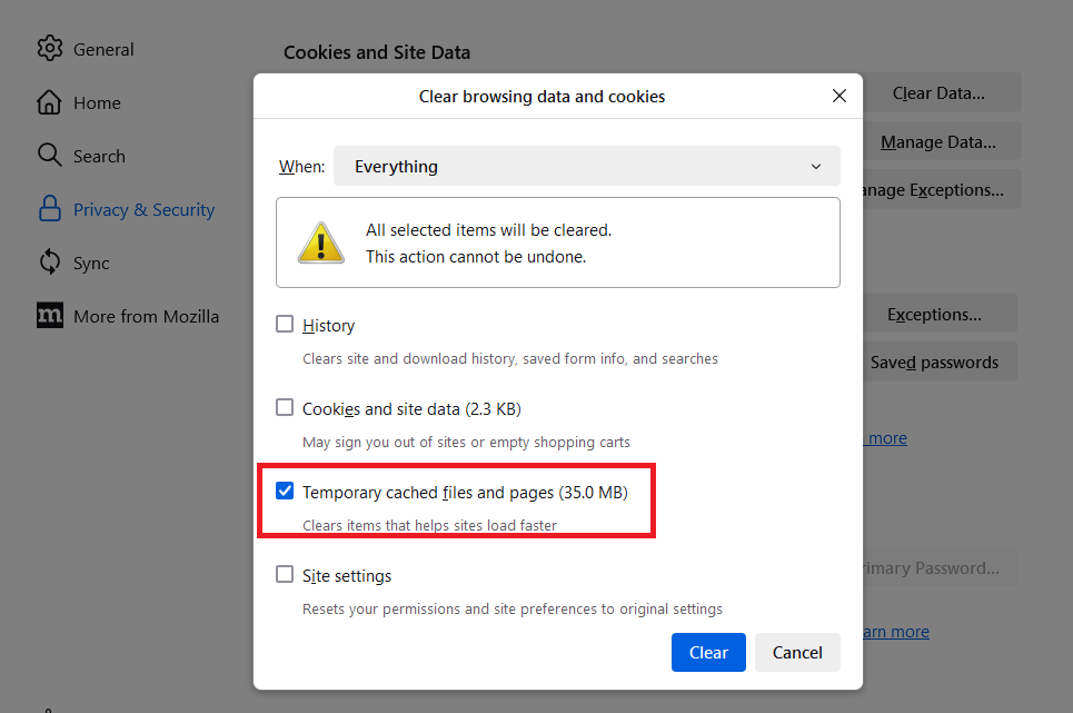 Clear browsing data and cookies dialog window