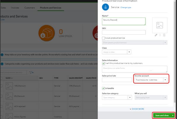Create a Product or Service Item with all the details