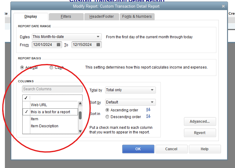 On-screen Option of Modify Report box pulls up