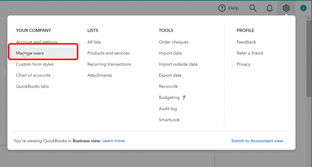 Click the gear icon on the QuickBooks dashboard to access settings Option to Choose The gear icon at the upper-right corner of the QuickBooks dashboard