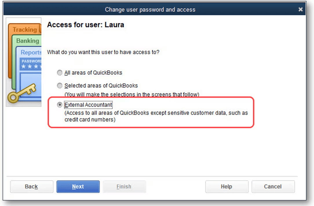 Select 'External Accountant' to add an accountant outside your organization Selecting the 'External Accountant' option in QuickBooks