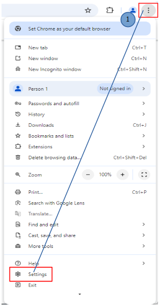Settings option in Chrome Browser