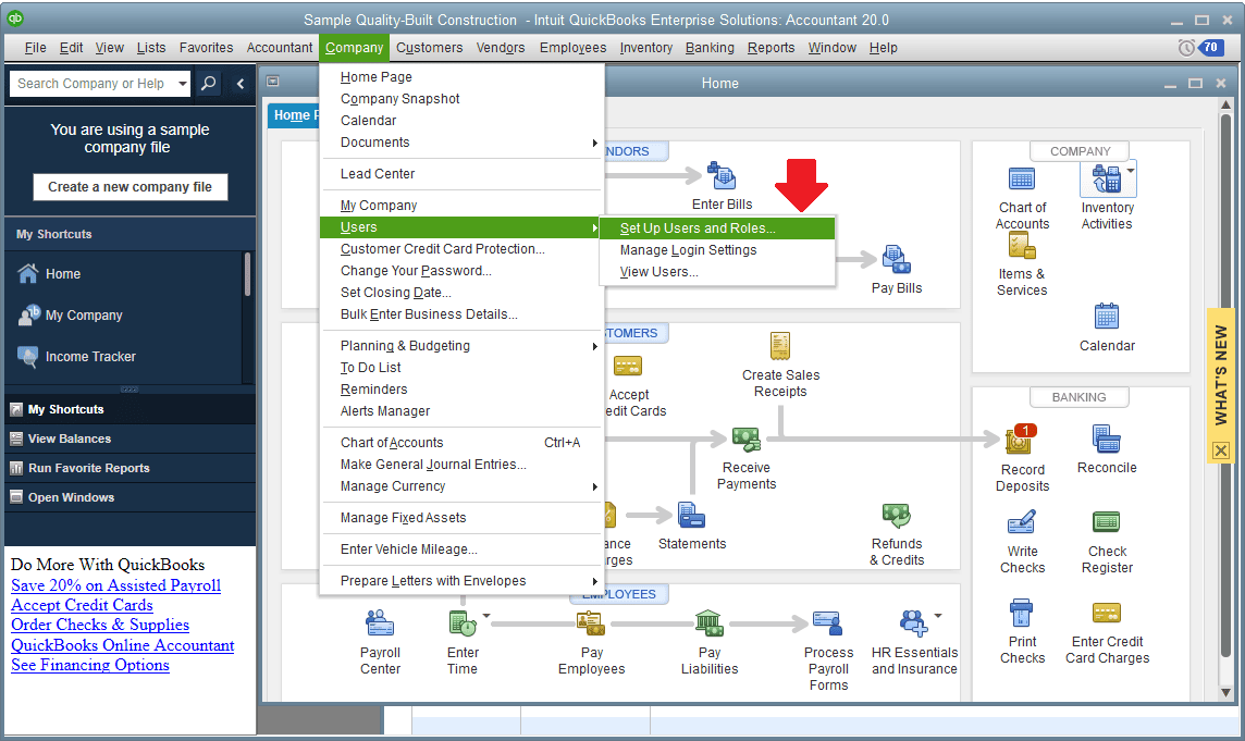 Access 'Set Up Users and Roles' to assign roles and permissions for your accountant Setup Users Roles window in Built Construction QuickBooks Enterprise Solutions Accountant 20.0