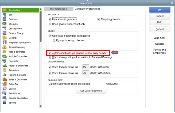 How to Reset Auto-Numbering and Lock Past Journal Entries in QuickBooks Desktop Enterprise 2024? 1 Uncheck the Automatically assign general journal entry number box option