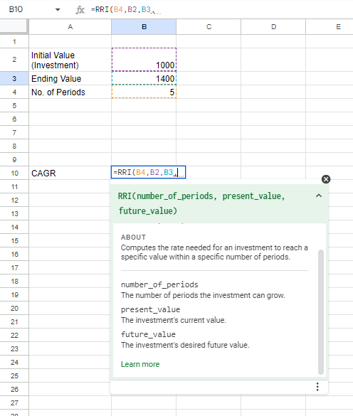 CAGR vs IRR: Comparing Investments for Decision-making 4 Use RRI Function to calculate CAGR in Google Sheets
